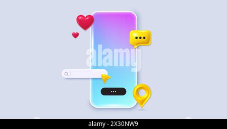 Social media phone app with 3d icons. Like heart, chat bubble, search bar icons. Social media phone empty mockup. Vector Stock Vector