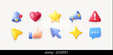 Set of 3d elements. Speaker, heart and star icon. Reminder bell, megaphone and danger alert triangle 3d icons. Vector Stock Vector