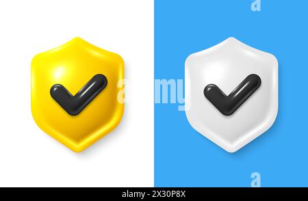 Shield 3d icon with checkmark. Approval mark on shield symbol. Protection, safety defense, 3d security. Vector Stock Vector