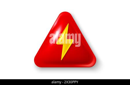 Lightning thunder, energy power bolt 3d icon. Realistic 3d electric danger triangle. Battery charge symbol. Vector Stock Vector