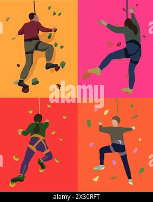 Vector isolated illustration of a set of people on a climbing wall. Stock Vector
