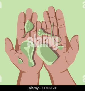 Vector isolated illustration of energy conservation concept. Human hands hold means of energy conservation. Green energy. Energy saving. Stock Vector