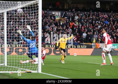 WOLVERHAMPTON, ENGLAND - APRIL 20: João Gomes of Wolverhampton Wanderers shoots buts fails to score during the Premier League match between Wolverhampton Wanderers and Arsenal FC at Molineux on April 20, 2024 in Wolverhampton, England.(Photo by MB Media/MB Media) Stock Photo