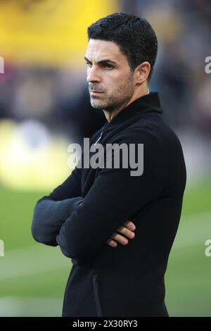 WOLVERHAMPTON, ENGLAND - APRIL 20: Mikel Arteta Manager of Arsenal during the Premier League match between Wolverhampton Wanderers and Arsenal FC at Molineux on April 20, 2024 in Wolverhampton, England.(Photo by MB Media/MB Media) Stock Photo