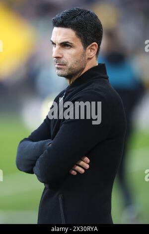 WOLVERHAMPTON, ENGLAND - APRIL 20: Mikel Arteta Manager of Arsenal during the Premier League match between Wolverhampton Wanderers and Arsenal FC at Molineux on April 20, 2024 in Wolverhampton, England.(Photo by MB Media/MB Media) Stock Photo