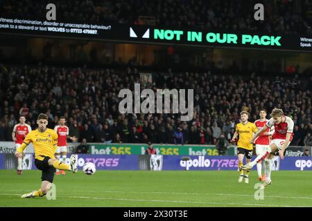 WOLVERHAMPTON, ENGLAND - APRIL 20: Martin Odegaard of Arsenal takes a shot at goal but fails to score during the Premier League match between Wolverhampton Wanderers and Arsenal FC at Molineux on April 20, 2024 in Wolverhampton, England.(Photo by MB Media/MB Media) Stock Photo