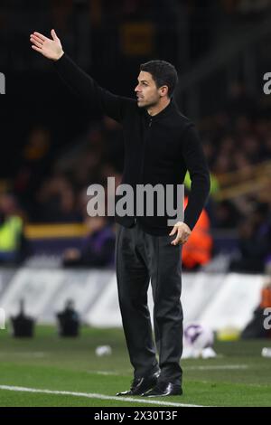 WOLVERHAMPTON, ENGLAND - APRIL 20: Mikel Arteta Manager of Arsenal during the Premier League match between Wolverhampton Wanderers and Arsenal FC at Molineux on April 20, 2024 in Wolverhampton, England.(Photo by MB Media/MB Media) Stock Photo