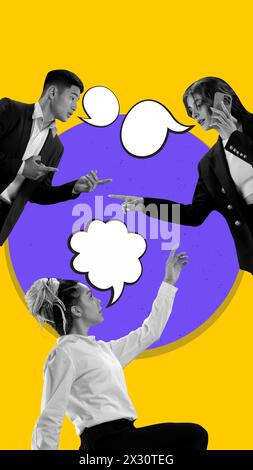 Young people interacting with speech bubbles. Contemporary art collage. Exchange of ideas between young people, social media communication Stock Photo