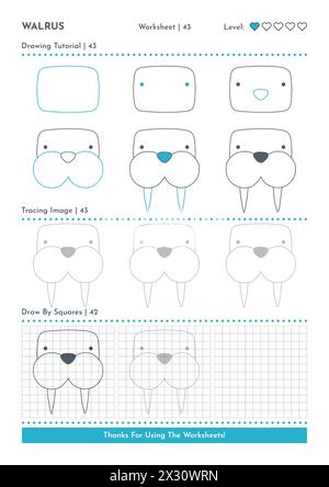 How to Draw Doodle Animal Walrus, Cartoon Character Step by Step Drawing Tutorial. Activity Worksheets For Kids Stock Vector