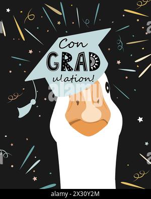 Funny graduate goose character in graduation hat with ConGradulation lettering. Geese wearing in grad cap. Vector isolated illustration. Stock Vector