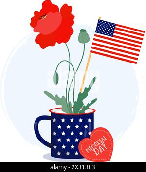 Memorial Day congratulation card. American flags in cup with red poppy flower. Vector illustration for design national traditional holidays and Indepe Stock Vector