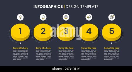 Infographic template with icons and 5 options or steps. Yellow circles. Can be used for workflow layout, diagram, banner, webdesign. Vector illustrati Stock Vector