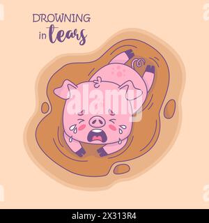 Unhappy little pig lying in muddy puddle. Vector illustration. Card with cool funny cartoon kawaii animal character. Kids collection Stock Vector