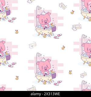 Seamless pattern with smiling pig takes bath with foam and rubber duck on white background. Cute funny kawaii animal character. Vector illustration. K Stock Vector