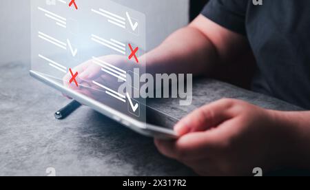 Woman use digital tablet with hologram interface of document management system. DMS. Checklist and clipboard task management. Productivity checklist. Stock Photo