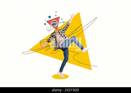 Sketch image composite photo collage of headless person incognito walk make step triangle instead head eye spy look watch geometry maths Stock Photo