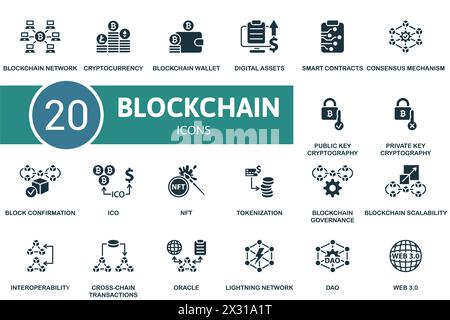 Blockchain set. Creative icons. Monochrome. Stock Vector