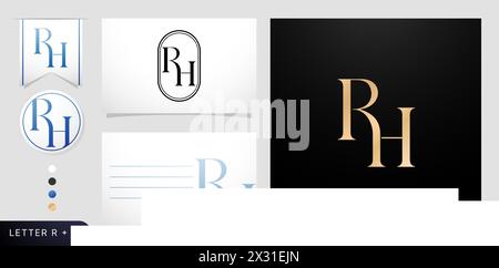 a set of business cards with the letter RH, Luxury Initial Letters R and H Logos Designs in Blue Colors for branding ads campaigns, letterpress Stock Vector