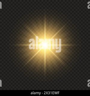 Golden bling light on a transparent background. Bright flash Stock Vector