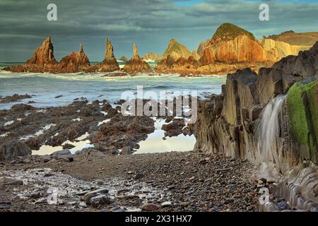 geography / travel, Spain, Asturias, Santa Marina, little waterfall on the Playa de Gueirua, ADDITIONAL-RIGHTS-CLEARANCE-INFO-NOT-AVAILABLE Stock Photo