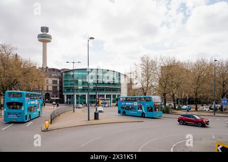 Liverpool, UK, April 11 2024: Radio City tower, seen from the side of the Torus building where the Liverpool City Observatory is also located. Blue bu Stock Photo