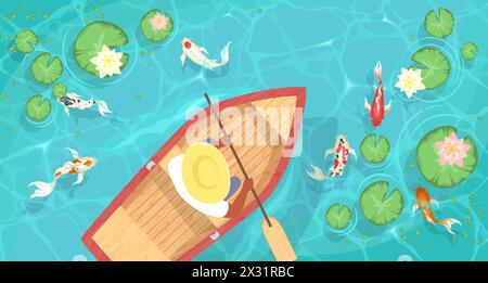 Chinese man swimming on boat in river with koifish Stock Vector