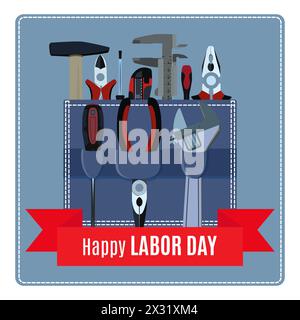 Happy Labor Day banner, sign, poster, vector illustration. Labour or Workers Day design element with hand tools in work apron pocket. Stock Vector