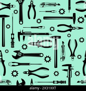 Work tools vector seamless pattern. Hammer, pliers, wrench, screwdrivers, cutter knife and vernier caliper black silhouettes wallpaper, background. Stock Vector