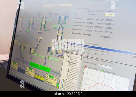 MOSCOW - MAR 12: The scheme of the process of food production on the monitor screen at the 12th International Exhibition Dairy and Meat Industry on Ma Stock Photo