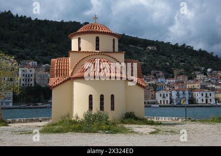 Church of Agios Petros in the port of Gytheio in Greece in Spring Stock Photo