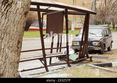 MOSCOW - APRIL 28: Car crashed into bus stop on Progonnyy passage, on April 28, 2013 in Moscow, Russia. 5162 crashes was in Moscow from January to Jun Stock Photo