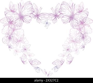 Butterflies are pink, blue, lilac, flying, delicate with wings and splashes of paint. Graphic illustration hand drawn in pink, lilac ink. heart shape Stock Vector