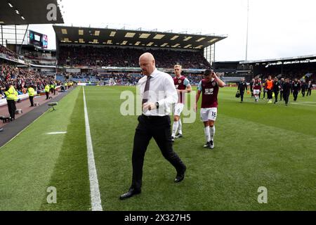 Burnley FC manger Sean Dyche walks off the pitch at half time during the game with Everton. Burnley Football club who have been in the Premiership lea Stock Photo