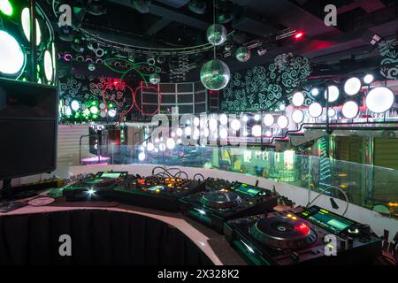 MOSCOW - JAN 18: The room in the nightclub Pacha with DJ equipment and dance floor on January 18, 2013 in Moscow, Russia. Stock Photo