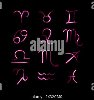 Set of zodiac signs with neon effect. Stock Vector
