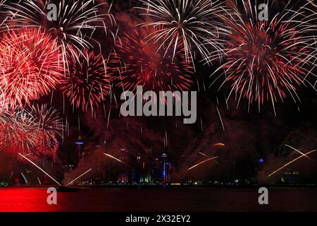 Firework display at the national day of Qatar in Doha Stock Photo