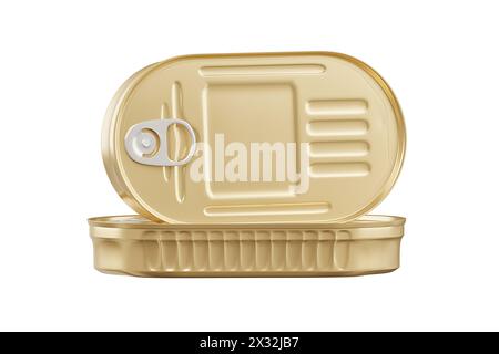 Golden tin can for new design with text, 3D rendering, template, view of canned fish in oval container close up isolated on white background Stock Photo