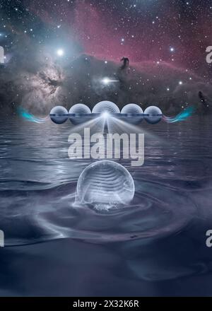 Sci-fi fantasy image of UFO spaceship above water in space Stock Photo