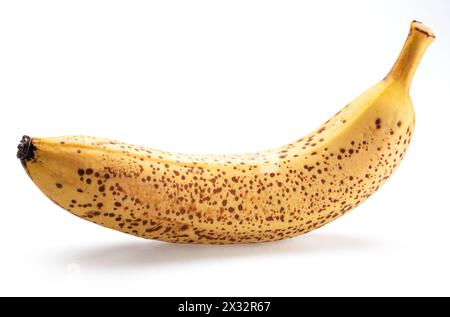 Banana with black spots at the pick of its sweetness isolated on white. Stock Photo