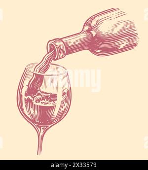 Pouring wine drink from bottle into glass. Winery concept sketch. Vintage vector illustration Stock Vector