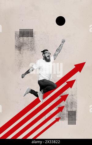 Trend artwork sketch image 3D photo collage of hipster man fly up raise like superman on huge five arrows grow motivation project manager Stock Photo