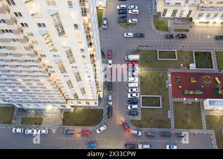 Courtyard of multistory apartment house from bird-eye view Stock Photo