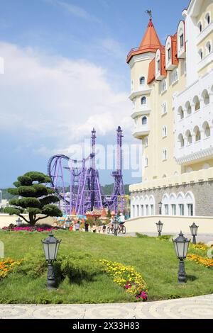 SOCHI, RUSSIA - JUL 27, 2014: Hotel Bogatyr in the style of a medieval castle on the territory of Sochi Park Stock Photo