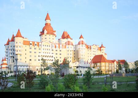 SOCHI, RUSSIA - JUL 27, 2014: Building of the Hotel Bogatyr in the style of a medieval castle on the territory of Sochi Park Stock Photo