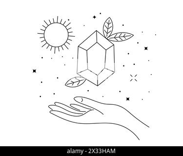 Mystic celestial crystal in rays of summer solstice sign levitate over woman hand. Spirituality equinox holiday linear symbol. Esoteric tattoo or logo outline sketch. Boho summertime style logotype Stock Vector