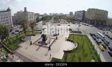 MOSCOW - AUG 12, 2014: Monument to Alexander Pushkin on Pushkin Square, aerial view Stock Photo