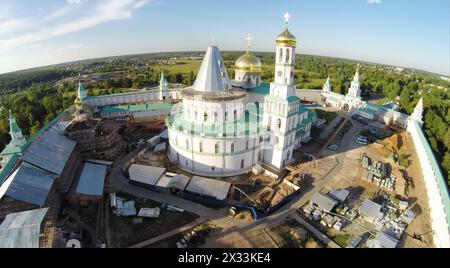 RUSSIA, MOSCOW – JUL 12, 2014: Complex of New-Jerusalem Monastery with Christ Resurrection Cathedral at summer sunny day. Aerial view (Photo with nois Stock Photo