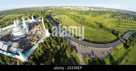 RUSSIA, MOSCOW – JUL 12, 2014: Panorama of renovation of New-Jerusalem Monastery and Christ Resurrection Cathedral at summer sunny day. Aerial view (P Stock Photo