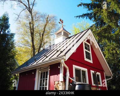 Copper rooster weathervane and cupola on red shed or barn with dark metal roof Stock Photo