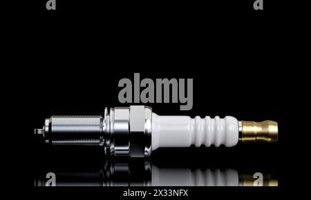 High-quality image of a spark plug isolated on a reflective black surface, 3d render Stock Photo
